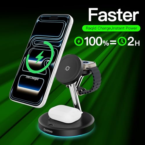 【Adjustable Blue Ambient Light】 Wireless Charger 3 in 1 for iPhone, Magnetic Charging Station for Apple Family,15W Fast MagSafe Charger Stand,for iPhone17-12-iWatch AirPods Series