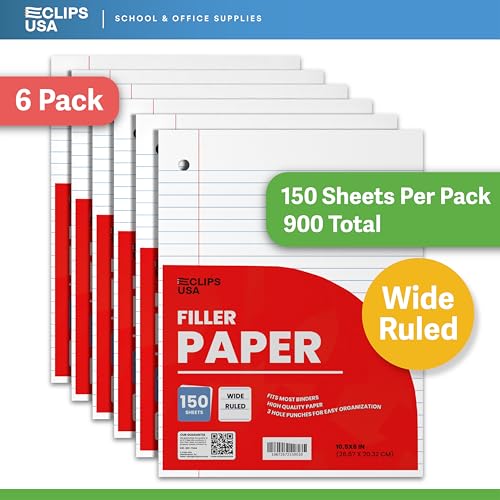 Wide Ruled Loose Leaf Paper Wide Ruled Notebook Paper Lined Writing Filler Paper 10.5” x 8” 56 gsm 900 Sheets 150 Sheet Per Pack (6 Pack) - size: 6 Pack