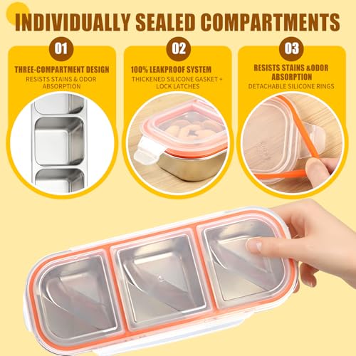 3 Pack Leakproof Stainless Steel Snack Containers with Lids, Reusable 3 Compartment Lunch Container, Stackable Snack Bento Box for Work, Travel & Picnic