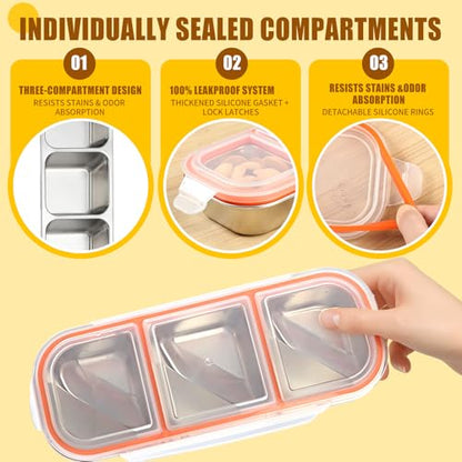 3 Pack Leakproof Stainless Steel Snack Containers with Lids, Reusable 3 Compartment Lunch Container, Stackable Snack Bento Box for Work, Travel & Picnic