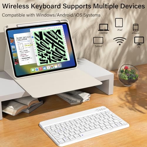 kenke for iPad 11/10th Gen Case with Keyboard 11/10.9 inch 2025 A16/2022, Detachable Wireless Bluetooth Keyboard Case with Bulit-in Pencil Holder, White Square Keycaps (Cream) - color: Cream