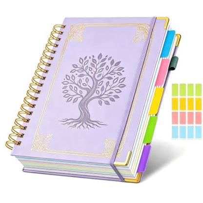Hardcover Spiral Notebook Journal with Removable Dividers Tabs, 5 Subject Notebooks for Work School, 300 pages 8"x10" B5 leather Journal College Ruled, Cute Journal for women, Purple - color: Purple