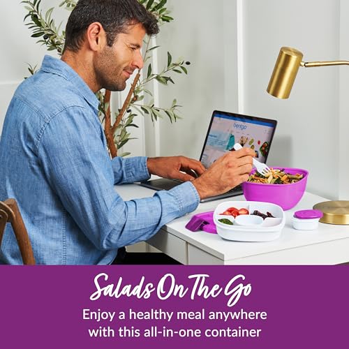 Bentgo Salad Container - 54 oz Bowl with 4-Compartment Toppings Tray, Leak-Proof Dressing Container, Reusable Fork, BPA-Free Lunch Box for Meal Prep & Food Storage; Removable Bento Tray (Purple) - color: Purple