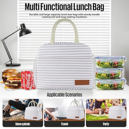 douyadady Lunch Bag Women/Men Lunch Box Women/Men (Grey+White Stripes) | Spacious Lightweight Waterproof Sturdy Durable Great Value For Office Work School Picnic Travel - color: Grey+White Stripes