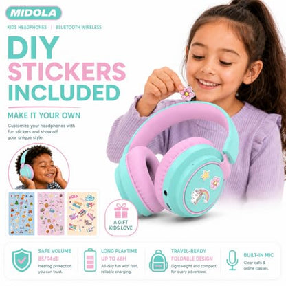 MIDOLA Kids Bluetooth Headphones 68H Play Time,Volume Limit 85/94dB, Foldable Lightweight Wireless Over-Ear Headphone for Toddler Kid Child Pad,Headsets with Aux Built-in Mic Cyan - color: Cyan