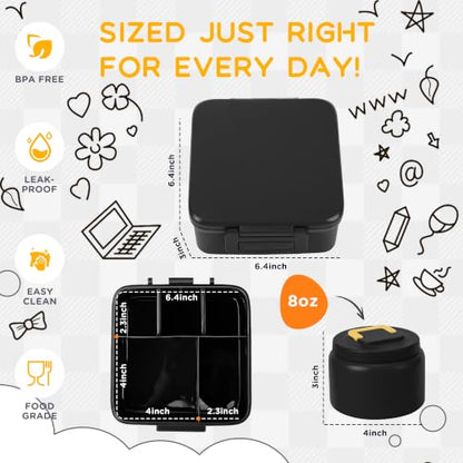 Bento Lunch Box for Kids with 8oz Thermo Containers for School,Camping | Vacuum Insulated Food Jar,Leakproof Silicone-Seal,5 Compartments with Dividers,Dishwasher & Refrigerator Safe,BPA-Free - color: Black