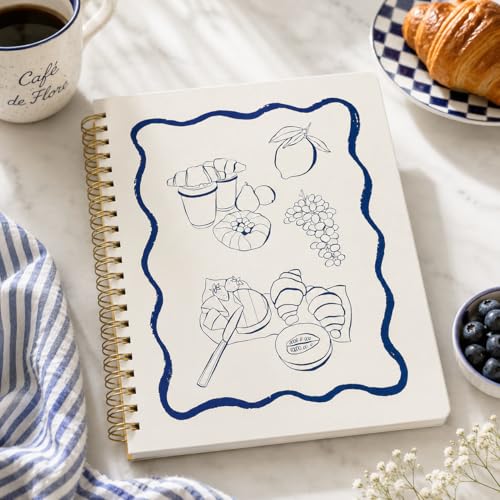 Pearhead Euro Breakfast Hardcover Spiral Notebook, 8x10.5 College-Ruled Lined Journal with Perforated Pages, 200 Pages for Planning, Work & School - color: Blue & White European Vacation Spiral Notebook