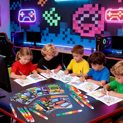BenLouis 24 Video Game Mini Coloring Books Kids with 24 Stacking Crayons Gaming Party Favors Activity Books Bulk for Kids Boys Neon Game Level Up Goodie Bag Gift Stuffer Classroom Reward - style: Video Game