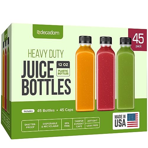 DECADORN 12 oz Plastic Juice Bottles With Caps - 45 Pack MADE IN USA Juicing Bottles Reusable - Juice Container For Fridge - Shatterproof, BPA-Free, Leak proof, Disposable & Recyclable - size: 12 oz 45 Pack