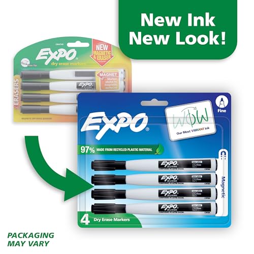 EXPO Magnetic Dry Erase Markers with Eraser, Black, Fine Tip, 4 Count - Back to School, Teacher Supplies, Home Organization