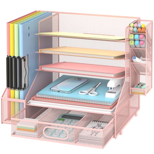 5-Tier Desk Organizer with File Holder & Pen Holder & Sliding Drawer, Pink | Mesh Metal Paper Letter Tray for Papers, Mail, Office Supplies, and Desk Accessories - color: Pink