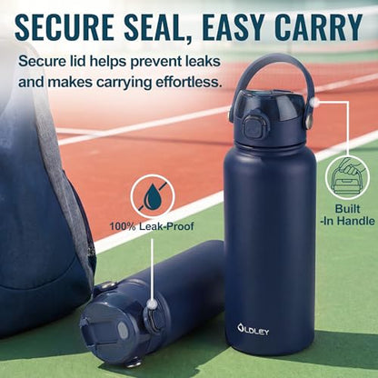 OLDLEY 18oz Insulated Water Bottle with 2-in-1 Straw & Chug Lid, Leakproof Stainless Steel Bottle, Cup Holder Friendly Vacuum Water Bottle for Travel, and School,Navy - color: Navy