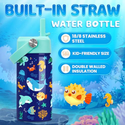 SANDJEST Kids Water Bottle with Straw Lid - 12 Oz Insulated Stainless Steel Ocean Water Bottles for Kid Boys Girls - Travel Cup for School Sports - color: Ocean Animal 2