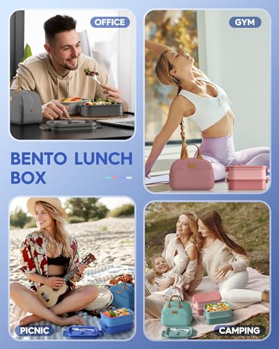 KEMETHY Adults Bento Lunch Box Set with Thermo Bag, 74oz Stackable Leak-proof 3-tiers Bento Box, Built-in Utensil and Sauce Container for Work, School, Dining Out (Blue) - color: Sapphire Blue