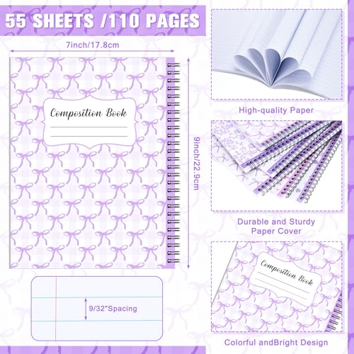 AmazingSpark 6 Pack Lefty Preppy Notebook Cute Bow Coquette Journal 7" x 9" College Wide Ruled 110 Pages Left Handed Aesthetic School Supplies Gifts for Teens Girls Women(Spiral,Purple Bow) - color: Purple Bow, style: Spiral