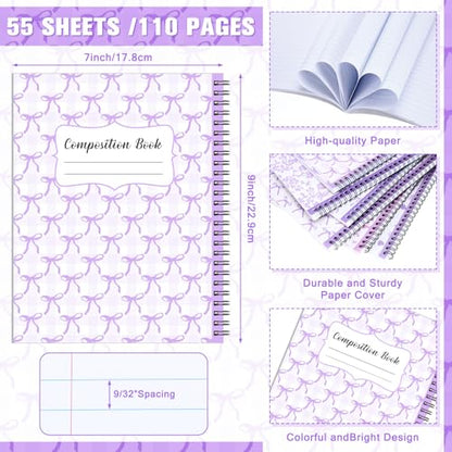 AmazingSpark 6 Pack Lefty Preppy Notebook Cute Bow Coquette Journal 7" x 9" College Wide Ruled 110 Pages Left Handed Aesthetic School Supplies Gifts for Teens Girls Women(Spiral,Purple Bow) - color: Purple Bow, style: Spiral