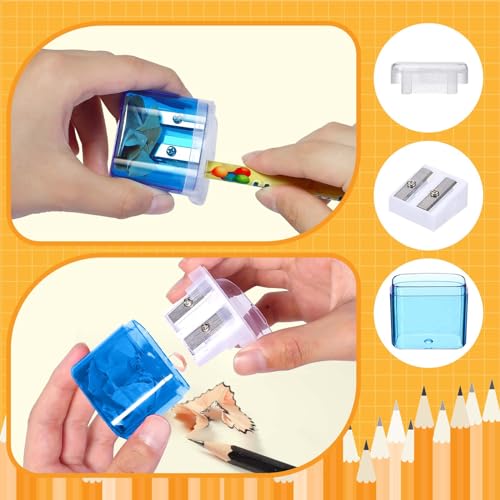 100 Pack Pencil Sharpener Bulk, Manual Pencil Sharpener with Lid for Kids, Double Hole Handheld Pencil Sharpeners for Classroom School Office Supplies, 4 Colors