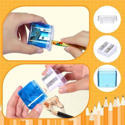 100 Pack Pencil Sharpener Bulk, Manual Pencil Sharpener with Lid for Kids, Double Hole Handheld Pencil Sharpeners for Classroom School Office Supplies, 4 Colors