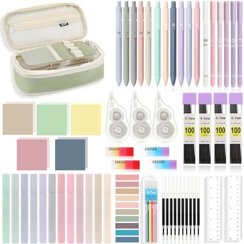 MoKo Pencil Case with Supplies, 60Pcs Aesthetic School Set, Green | Includes highlighters, gel and ballpoint pens, mechanical pencils, refills, sticky notes, correction tapes and rulers.