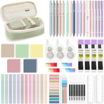 MoKo Pencil Case with Supplies, 60Pcs Aesthetic School Set, Green | Includes highlighters, gel and ballpoint pens, mechanical pencils, refills, sticky notes, correction tapes and rulers.