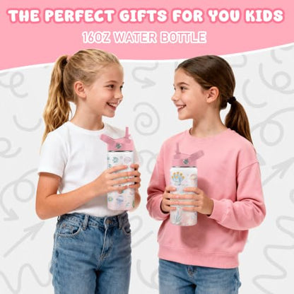Hiboss Ocean Gifts for Kids, 16oz Pink Girls Water Bottle with Straw Lid, Stainless Steel Insulated Beach Cup Tumbler, Marine Life Lovers Birthday Gifts for School Sport Travel - color: Ocean