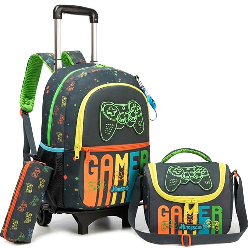 Backpack with Wheels for Boys Rolling Backpack with Lunch Box Pencil Case for Kids Carry On Suitcase with Wheels for Elementary Teens Boys - color: Game 06