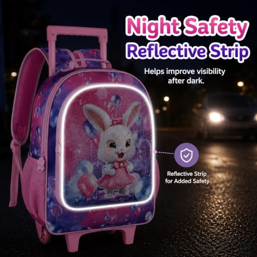 3Pcs Rolling Backpack for Girls, Kids Roller School Backpack with Wheels, Bunny Wheeled Bookbag for Elementary Preschool Kindergarten(Pink) - color: Pink Rabbit