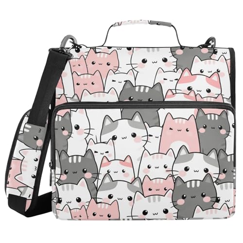 Cute Cats Grey Pink 3 Ring Binder Bag 1.5 inch Binder Organizer with Zipper Shoulder Strap 500 Sheet Documents Storage for School Office - color: A027, size: 13.6 x 12.4 x 3.5 in