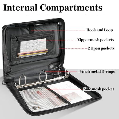 Zzrywuty Zipper Binder, 3 Inch 3-Ring Binder with Zipper, Expanding Folders and Shoulder Straps & Handles, 3" O-Rings with Multiple Pockets（for 13" MacBook and Tablet） for Middle School- Black