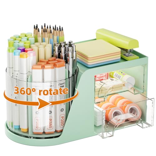 Marbrasse Desk Organizer with 2 Drawer, 360°Rotating Pen Holder, Desk Organizers and Accessories with 6 Slots Pencil Holder + 2 Drawer, Art Supply Storage Box Caddy for Office (Green) - color: Green