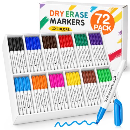 V-Opitos 72 Pack Fine Tip Dry Erase Markers in 12 Colors | Bulk Whiteboard Markers, Non-Toxic, Easy Clean, Erasable, School Classroom, Office Supplies