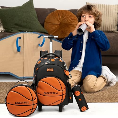 Kids Rolling Backpack Roller Backpack with Wheels Elementary Kindergarten Students Basketball Trolley School Bag for School Boys - color: Orange