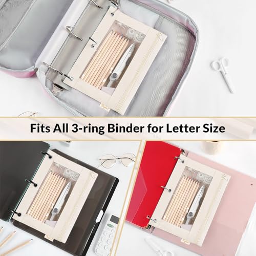 SKYDUE Pencil Pouch for 3 Ring Binder, 3 Ring Zipper Pencil Case with Clear Window, Large Binder Pencil Pouch with Grommets, Three Hole Pencil Holder for School, Pink & Purple (2 Pack) - color: Pink&beige