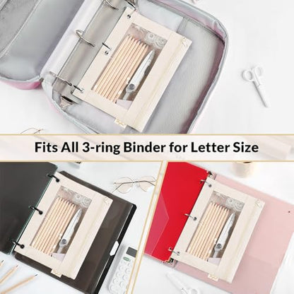 SKYDUE Pencil Pouch for 3 Ring Binder, 3 Ring Zipper Pencil Case with Clear Window, Large Binder Pencil Pouch with Grommets, Three Hole Pencil Holder for School, Pink & Purple (2 Pack) - color: Pink&beige