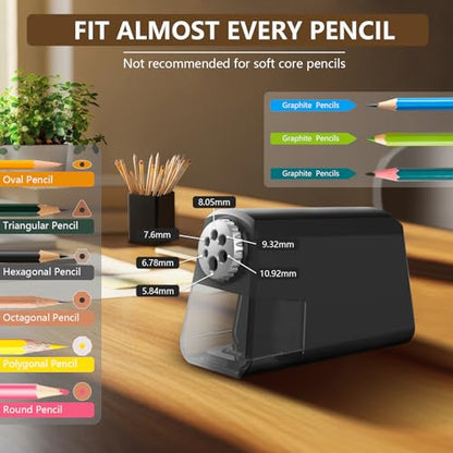 Heavy Duty Electric Pencil Sharpener – 6-Hole Design, Auto Start/Stop, Large Shavings Bin, Safe & Fast 4s Sharpening, Durable Zinc Alloy Blade – Great for School & Office Use