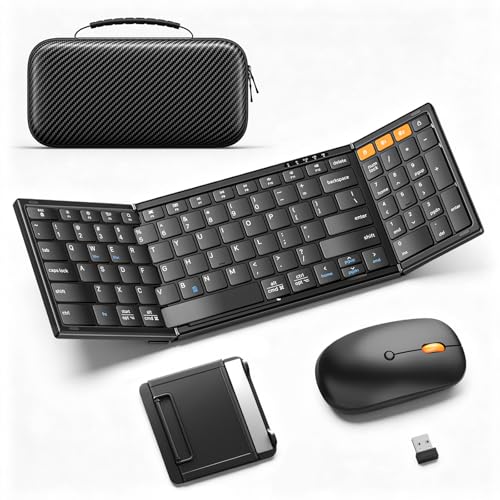 Foldable Keyboard and Mouse with Storage Bag, 2.4G+BT5.0 x 2 for Laptop | Full-Size US Layout, Quiet in Shared Spaces, Travel Essential, Wireless Mouse, USB-C Rechargeable, for Win/Mac/iOS/Android