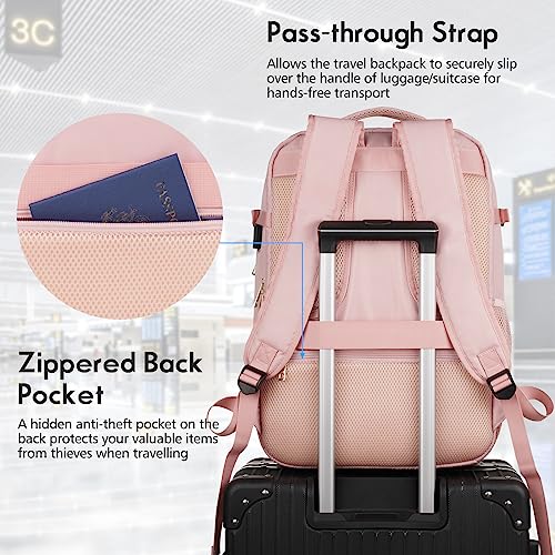 MOMUVO Large Travel Backpack Women, Flight Approved Carry On Backpack, Water Resistant Anti-Theft Large Casual Daypack Fit 17 Inch Laptop with USB Charging Port, Pink - color: Pink, size: 17.3 inch