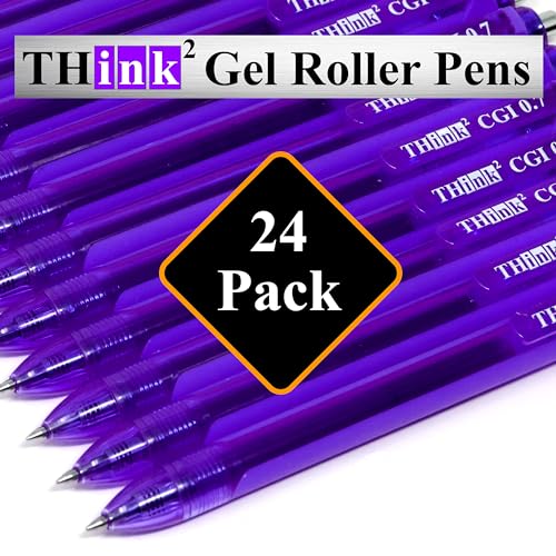 [24 Pens - Purple Ink] Think2 0.7mm CGI Retractable Gel Pens. (24 Purple) Medium Point Rollerball Pens with Smooth Quick Drying Ink. - color: Purple