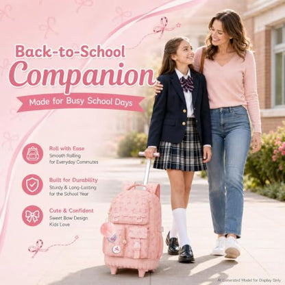 WZLVO 3PCS Rolling Backpack for Girls, Water Resistance Roller Bookbag, Women Aesthetic Wheeled School Bag Set with Lunch Box & Pencil Bag for Teens & Kids - Pink Bow - color: 3pcs Girls Rolling Backpack - Pink Bow