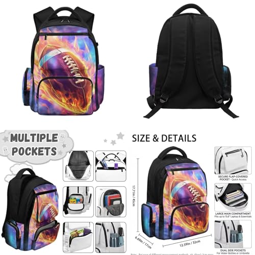 Flaming Football Backpack for Boys 8-12 Kids Backpack with Lunch Box Water Bottle Holder with Strap and Zipper Pencil Case 4PCS Set Bookbag with Compartments for School 17 inch Elementary - color: Flaming Football