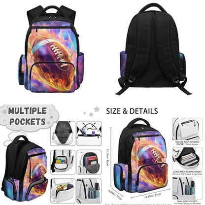 Flaming Football Backpack for Boys 8-12 Kids Backpack with Lunch Box Water Bottle Holder with Strap and Zipper Pencil Case 4PCS Set Bookbag with Compartments for School 17 inch Elementary - color: Flaming Football