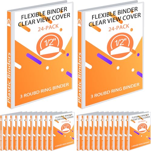 Fulmoon 24 Pcs 3 Ring Plastic Binders Bulk with 2 Pockets Flexible Binder with Transparent View Cover Plastic Binder for Home Office(1/2 Inch,White) - color: White, size: 1/2 Inch