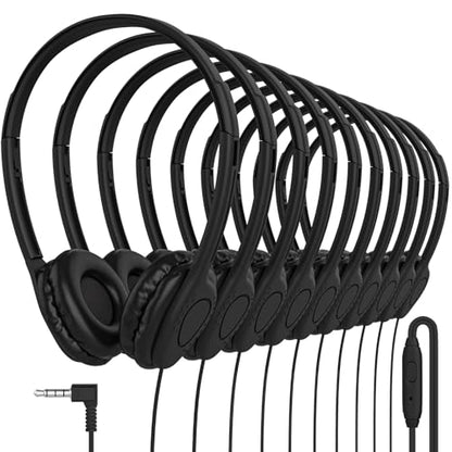 Maeline Bulk Headphones with Microphone, 10 Pack Black Wired On-Ear Headsets – 3.5mm Jack, Leatherette Cushions, Adjustable Headband – for Classrooms, Libraries, Remote Learning, Office - color: Black, size: 10 Pack