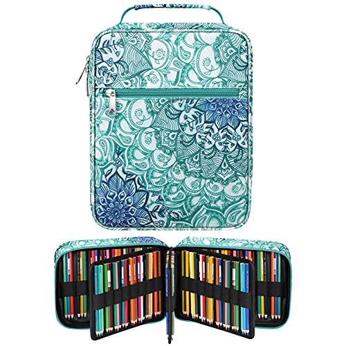 FINPAC Pencil Case Holder Slot, Large MultiLayer Watercolor Pen Bag w/Zipper Front Pocket, Big Organizer for 200 Colored Pencils/130 Gel Pens, Markers to Artists, Painters, Planners - color: Emerald Illusions, style: 200 Pieces