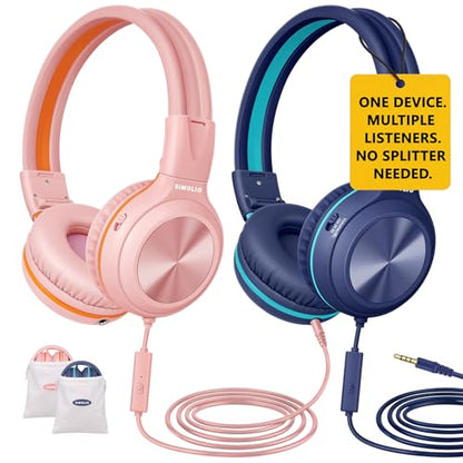 SIMOLIO 2 Pack Wired Headphones with Share Port, Foldable Headset with MIC | Manyshare Series, Durable for Teen Girls Boys, Over Ear Headset w/ Volume Limited for Tablet PC Chromebook School Travel Gift - color: Pink & Navy Blue