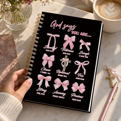 VONTP Bible Black Bow Christian Notebook Journal for Women, 5.5 x 8.3 Inch | Christian Girl Energy Journal, Christian Study Notebook, Cute Preppy Bible Study Spiral Notebook for Bible Notes - color: 001-Black