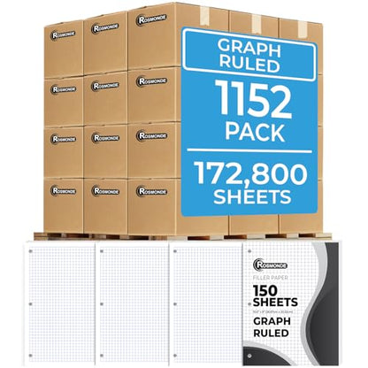 Rosmonde Graph Paper Bulk, 1152 Pack (Pallet), 172800 Sheets, 4x4, Pallet of Loose Leaf Paper, 8" x 10.5", Bulk Graphing Paper, 3 Hole Punched for Binder, Quad Ruled Paper, 4-7 Days Transit - size: Full Pallet (172K Sheets)