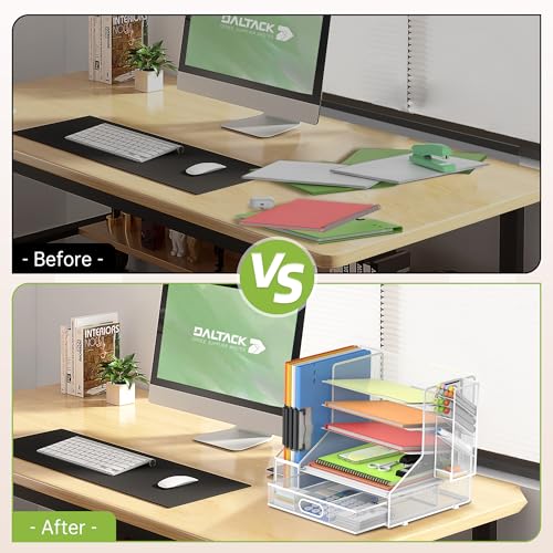 5-Tier Desk Organizer with File Holder & Pen Holder & Sliding Drawer, White | Mesh Metal Paper Letter Tray for Papers, Mail, Office Supplies, and Desk Accessories - color: White