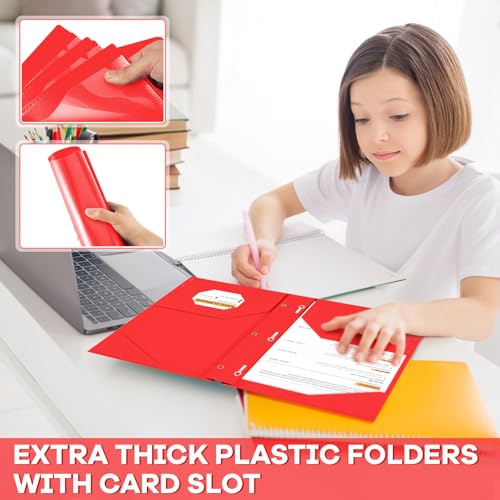 Henoyso 48 Pcs Plastic Folder with Clear Front Pocket and 3 Prongs Heavy Duty Plastic Folders with Card Slot Pocket Folders with Prongs for School Office Home(Red) - color: Red