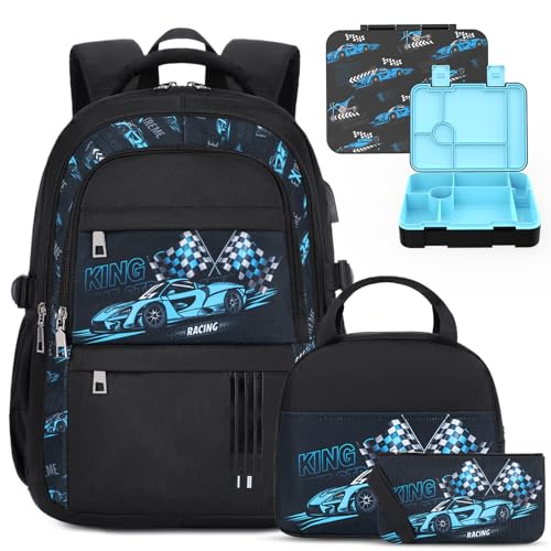 ACESAK Boys Backpack - Racing Car Bento Box with Insulated Lunch Bag Pencil Case & Utensils Set for Kids, 6 Leakproof Compartments Removable Tray Lunches or Snack Container - color: Blue Car